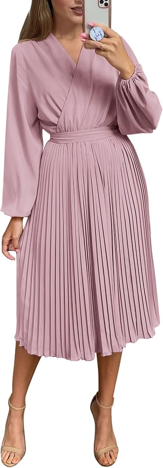 Saonta  Womens V Neck Flowy Ruffle Pleated Casual Fall Dress