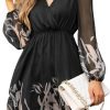 Saonta  Women's Floral Print Chiffon A-Line Mini Dress Long Peasant Sleeves