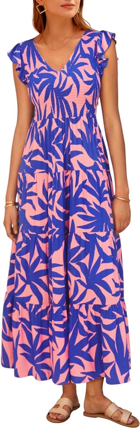 Saonta  Womens Cap Sleeve V Neck Smocked Beach Sundress