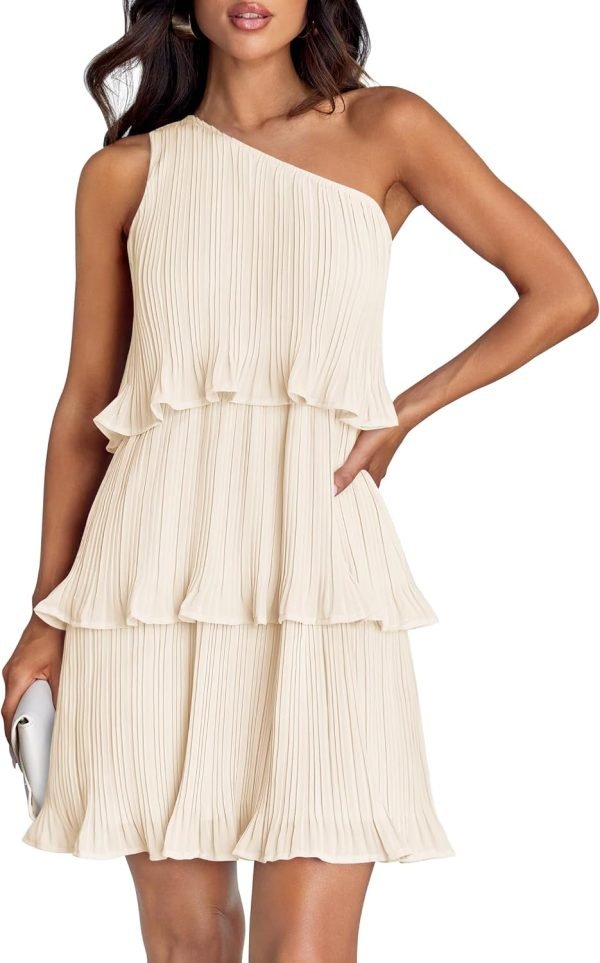 Saonta Women's 2024 Summer Sleeveless Mini Dress Boho One Shoulder Ruffle Tiered Layered Chiffon Flowy A Line Dresses