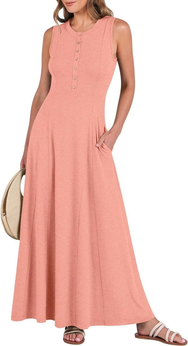 Saonta  Women Summer Casual Sleeveless Maxi Sundress Button Fit & Flare A-Line Flowy Long Dresses 2024 Beach Outfits