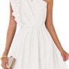Saonta Women's Summer One Shoulder Ruffle Dress 2024 Boho Sleeveless Elastic High Waist Swing Mini Dresses