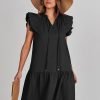 Saonta  Womens Summer V-Neck Drawstring Ruffle Cap Short Sleeve Casual Shift Mini Dress with Pockets