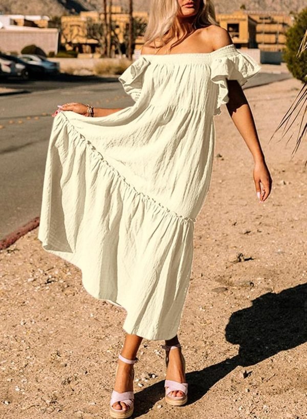 Saonta  Women's 2024 Spring Summer Square Collar Dress Off Shoulder Style Elegant Ruffle Hemline Skirt Mini Dresses S-XL