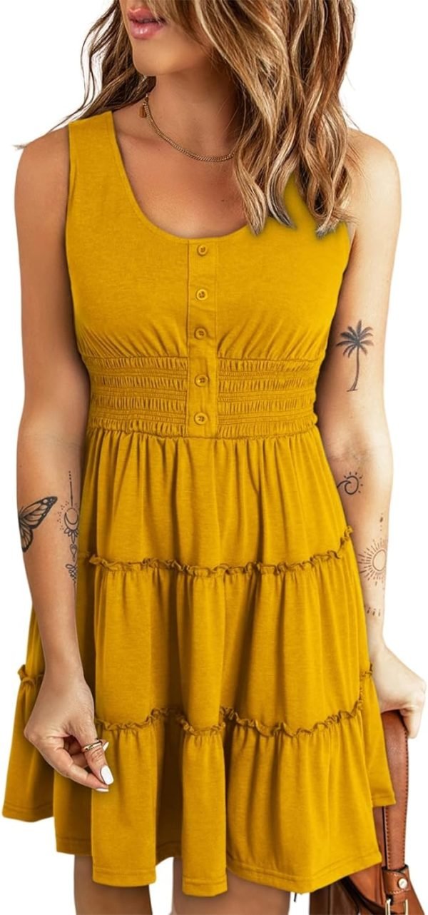 Saonta  Womens Summer Dresses 2024 Sleeveless Button Down Smocked Elastic Waist Ruffle Tiered Casual Swing Mini Dress