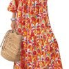 Saonta  Womens Loose Fit Casual Summer V Neck Half Sleeve Bohemian Geometric Pattern Maxi Long Dresses