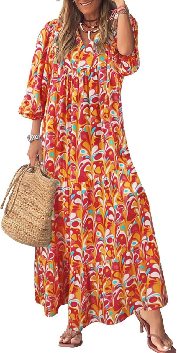 Saonta  Womens Loose Fit Casual Summer V Neck Half Sleeve Bohemian Geometric Pattern Maxi Long Dresses