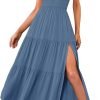 Saonta  Women's Summer One Shoulder Sleeveless Knot Smocked Midi Dress Split Tiered Flowy Dresses