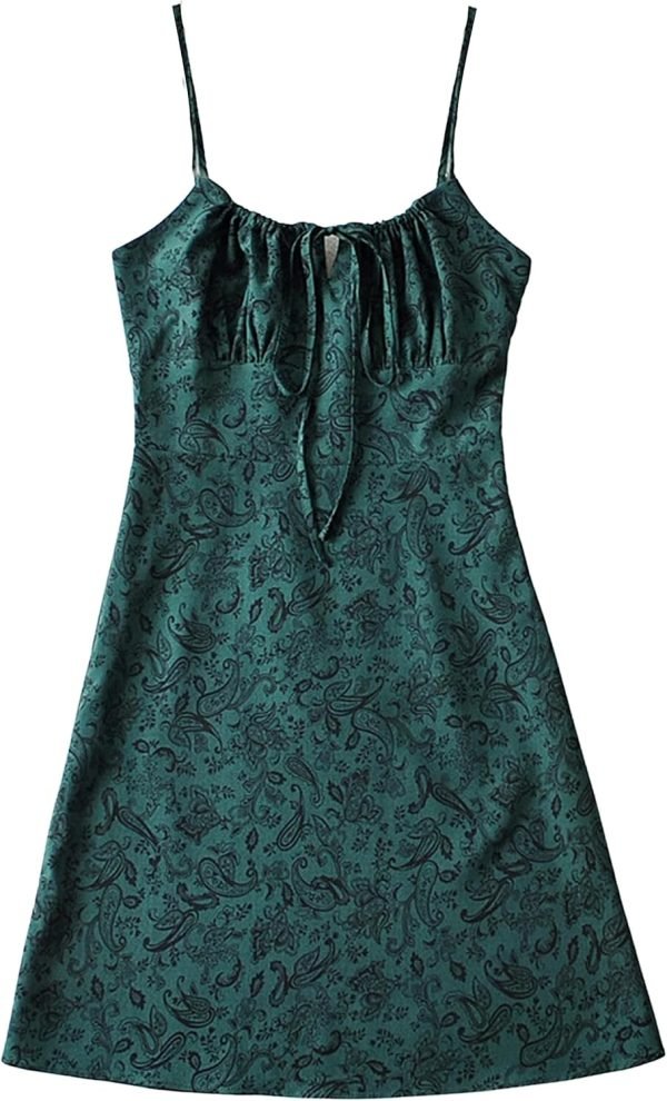 Saonta  Women's Floral Dress Low-Cut Square Neck Spaghetti Strap Tie Bodycorn Dresses