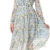 Saonta  Women Floral Print V Neck Long Sleeves Ruffles Pleated Chiffon Flowy Swing Midi Dress