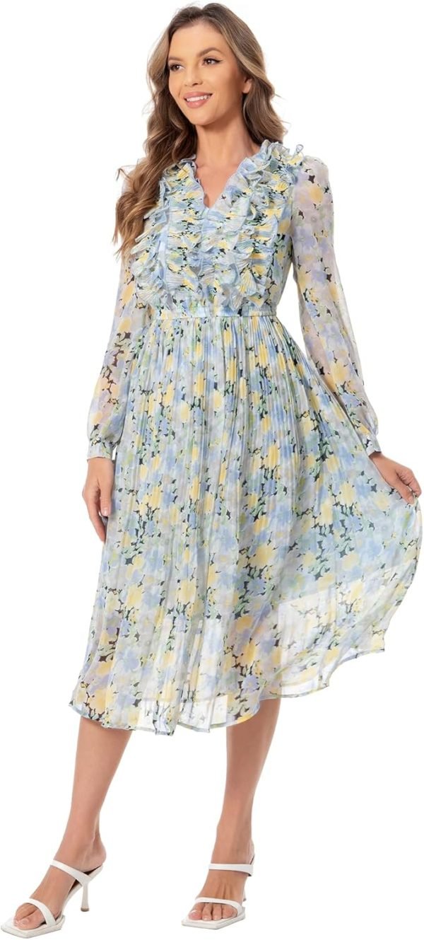 Saonta  Women Floral Print V Neck Long Sleeves Ruffles Pleated Chiffon Flowy Swing Midi Dress