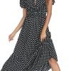 Women's Polka Dots Short Sleeve V Neck Dresses Vintage Boho Maxi Summer Dress with Stretchy Waist