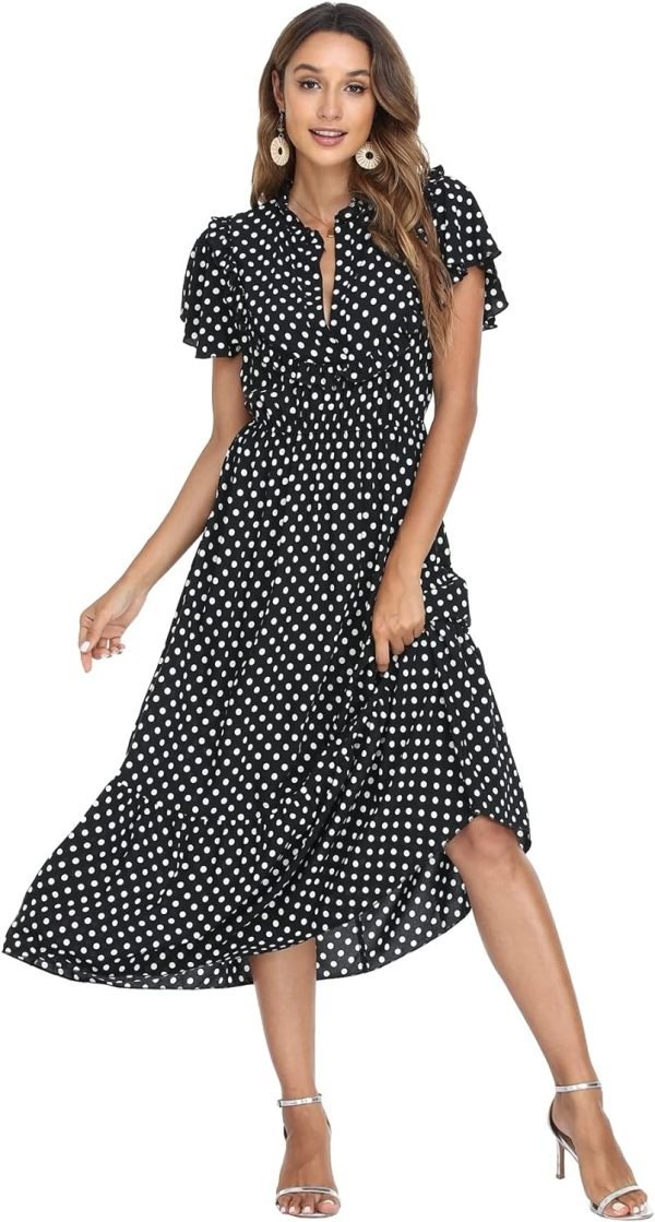 Women's Polka Dots Short Sleeve V Neck Dresses Vintage Boho Maxi Summer Dress with Stretchy Waist