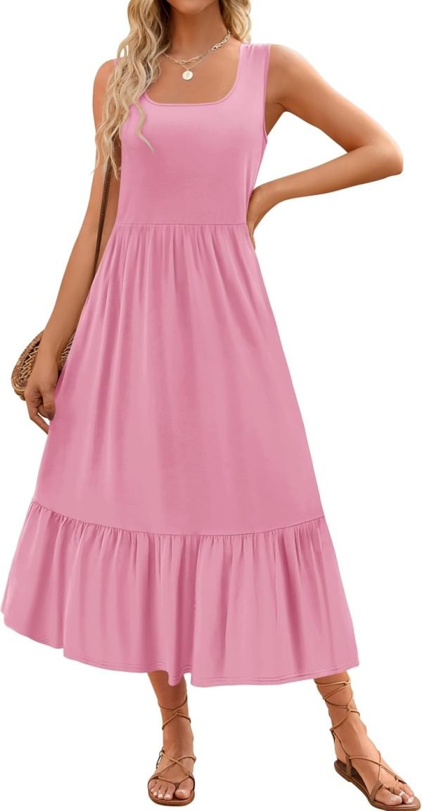 Saonta Women's 2024 Summer Sleeveless Dress Square Neck Pleated Swing Casual Maxi Dresses with Pockets