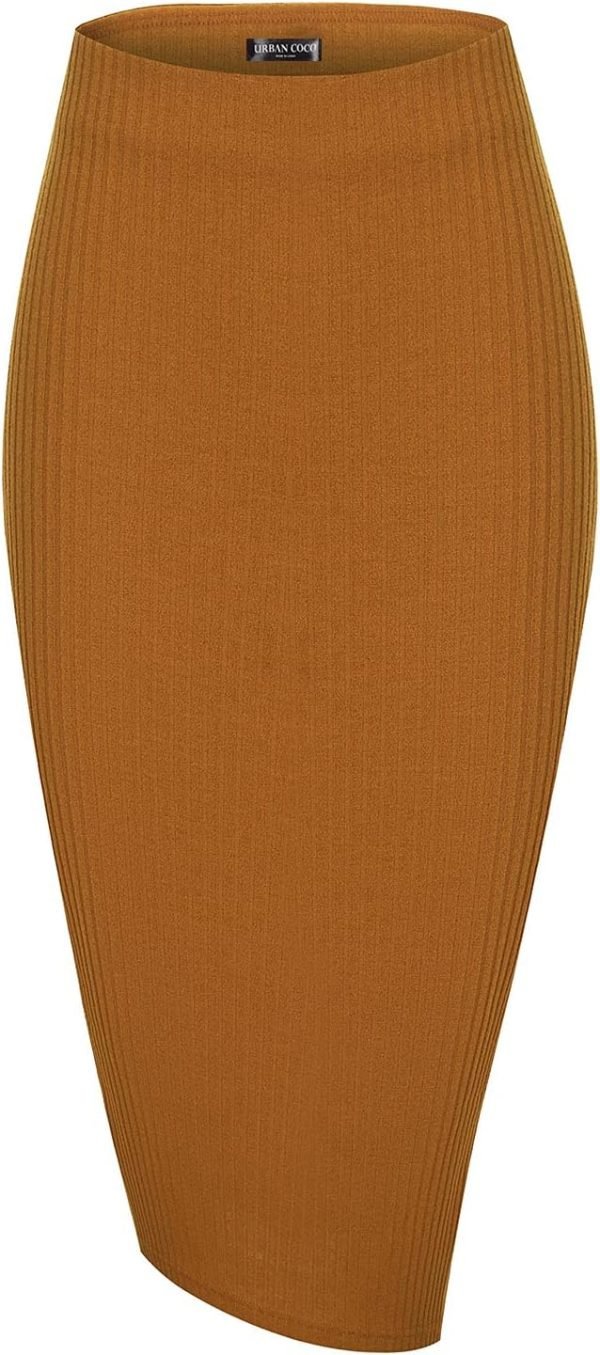 Saonta  Elastic High Waist Knee Length Pencil Skirt Ribbed Knit Basic Tube Midi Skirt