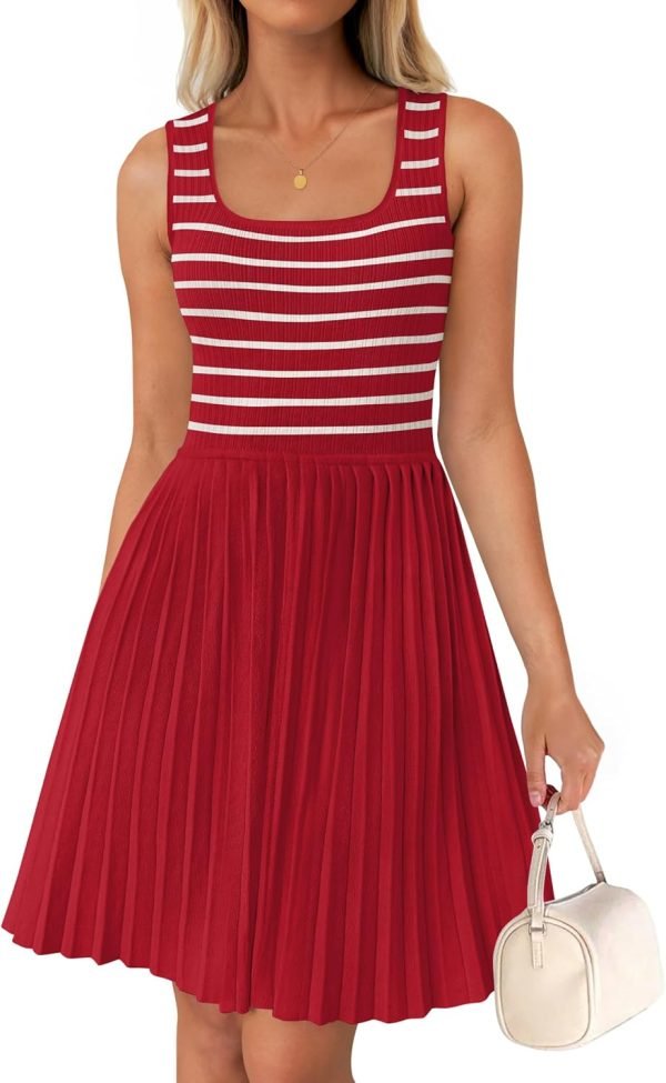 Saonta Women's Summer Sleeveless Mini Dress 2024 Square Neck Striped Knit A Line Pleated Tank Dresses