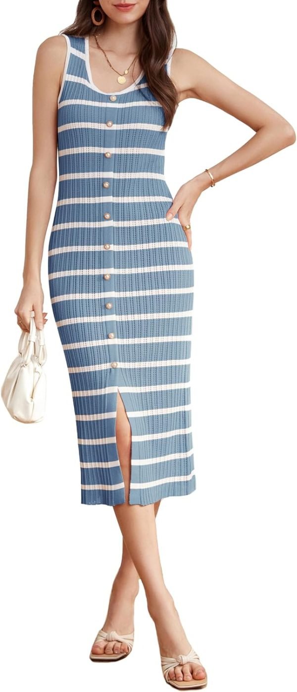 Saonta  Womens 2024 Summer Striped Dress Sleeveless Knitted Midi Bodycon Dresses Tank Ribbed Sweater Beach Dress