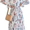 Saonta  Women's Floral Midi Dress Puff Long Sleeve Casual Ruffle Chiffon A-Line Swing Pleated Belted Tea Party Dresses