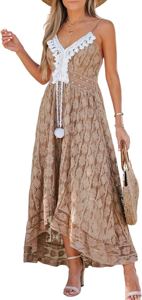 Saonta  Women's Maxi Dress Lace Dresses Boho Tassel V-Neck Flare Ruffle Adjustable Straps Beach Summer Long Dress