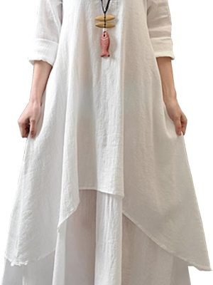 Saonta  Women Long Sleeve Cotton Casual Loose Plus Size Irregular Long Dresses