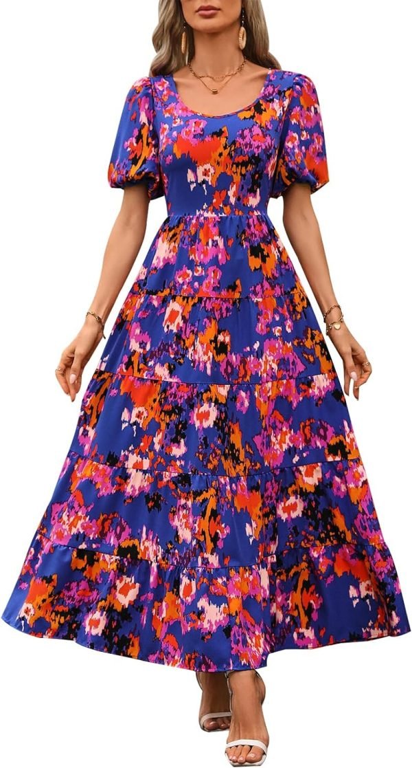 Saonta  Womens Dresses 2024 Puff Sleeve Floral Casual Summer Dresses Smocked Backless Beach Flowy Tiered Maxi Dress