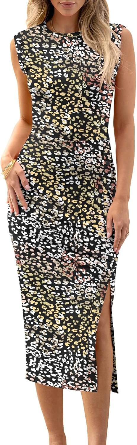 Saonta  Womens Summer Sleeveless Bodycon Midi Dress Button Slit 2024 Fashion Casual Sundress Cocktail Party Dresses