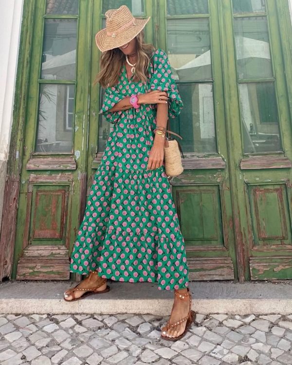 Saonta  Womens Loose Fit Casual Summer V Neck Half Sleeve Bohemian Geometric Pattern Maxi Long Dresses