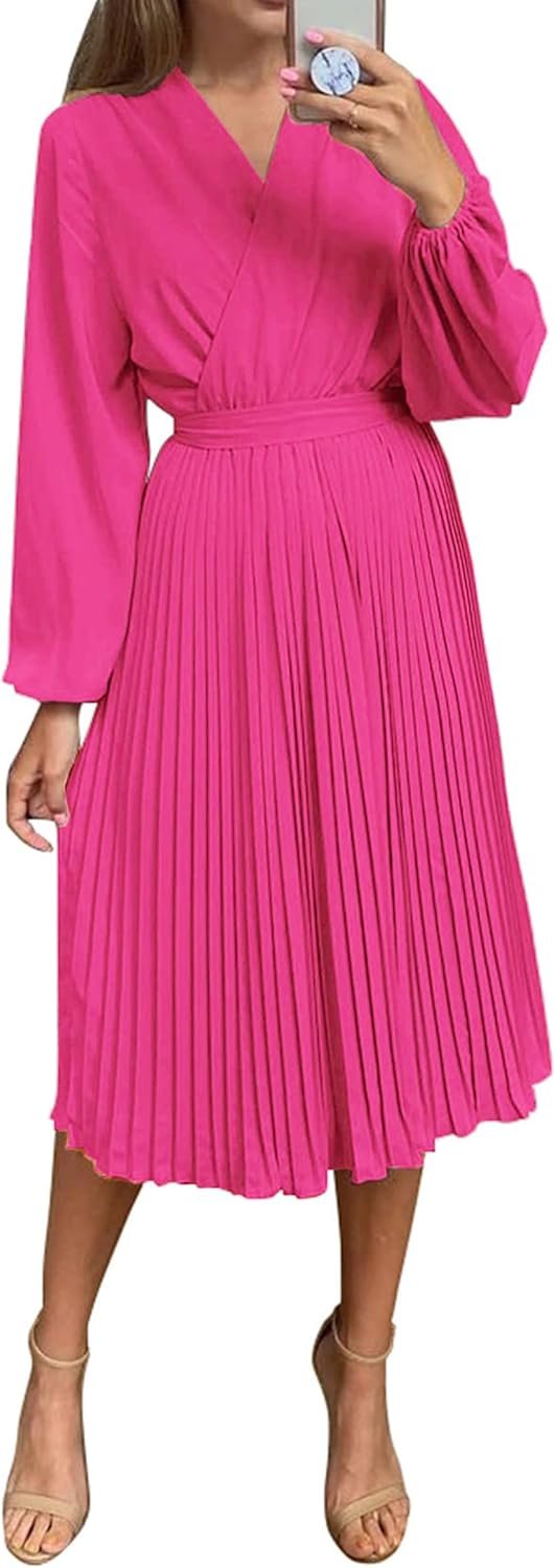 Saonta  Womens V Neck Flowy Ruffle Pleated Casual Fall Dress