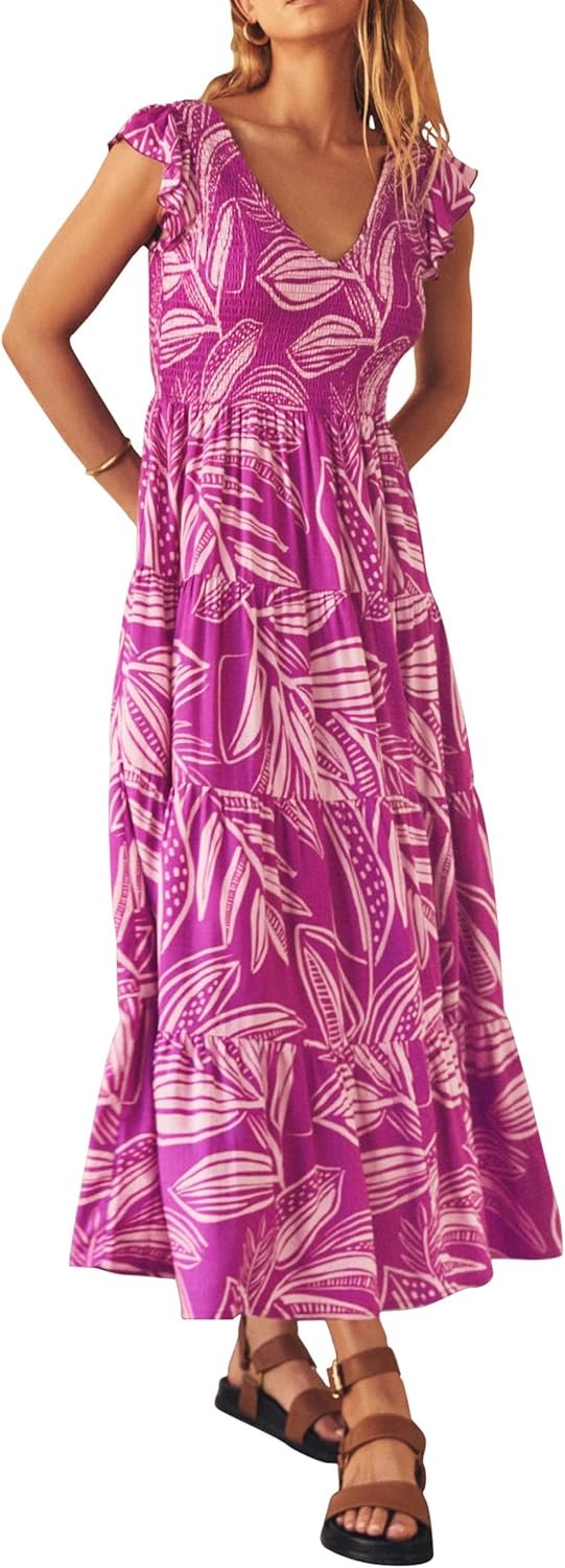 Saonta  Womens Cap Sleeve V Neck Smocked Beach Sundress