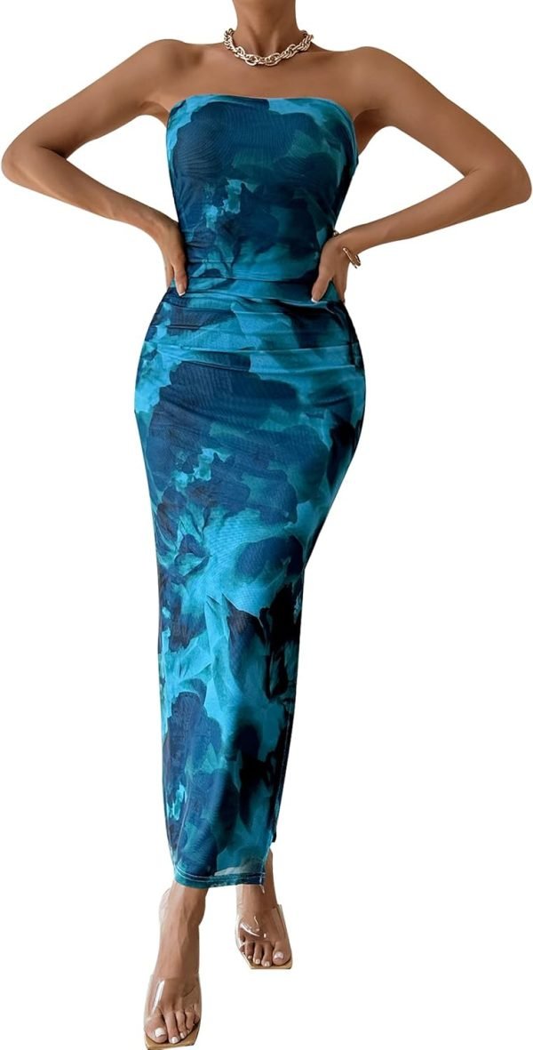 Saonta  Women's Summer Maxi Bodycon Dresses Strapless Tube Top Printed Long Party Club Slit Dress