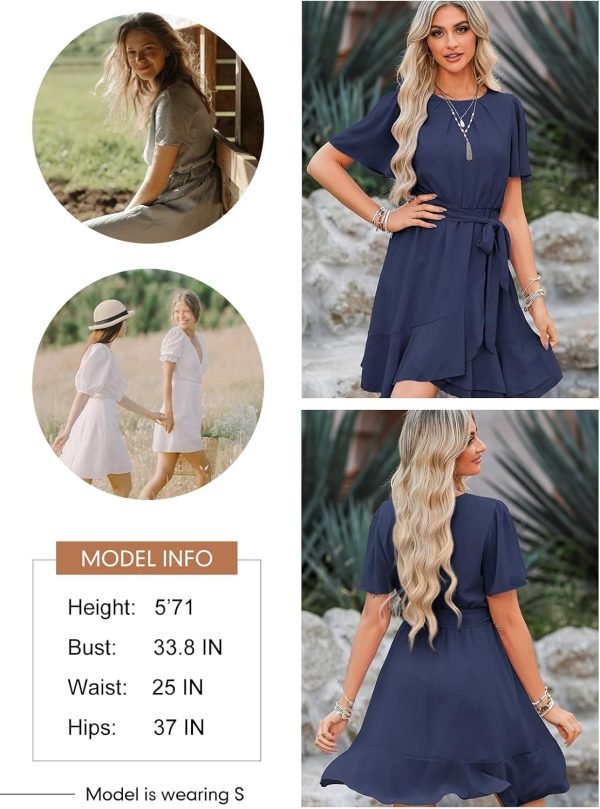 Saonta  Womens Summer Dresses 2024 Crewneck Short Sleeve Waist Tie Ruffle Casual Chiffon A-Line Swing Mini Dress