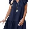 Saonta  Womens Summer V-Neck Drawstring Ruffle Cap Short Sleeve Casual Shift Mini Dress with Pockets