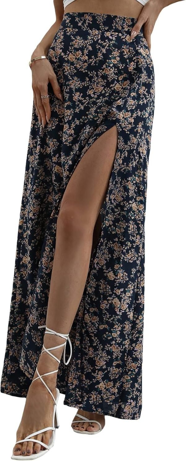 Saonta  Women's Sexy Boho Floral Split Thigh High Waist Swing Midi Skirt