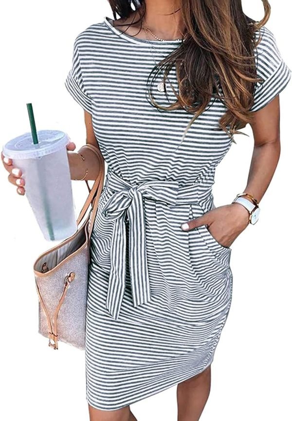 Saonta  Women's Summer Striped Short Sleeve T Shirt Dress Casual Tie Waist with Pockets
