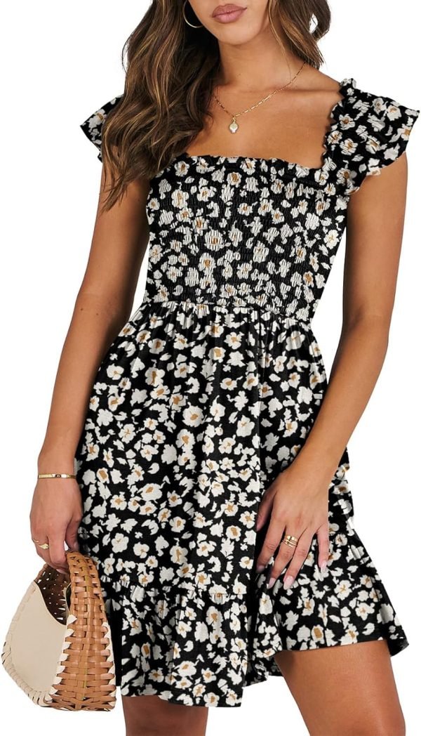 Saonta  Womens Summer Casual Sleeveless Square Neck Smocked Ruffle Backless Boho Mini Dress 2024 Trendy Short Sundress