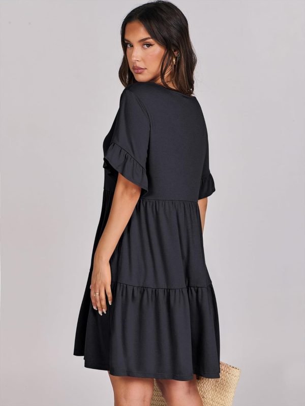 Saonta  Women's 2024 Summer Trendy V Neck Ruffle Short Sleeve A Line Tiered Flowy Casual Mini Beach Dress with Pockets