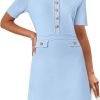 Saonta  Women's Knit Bodycon Sweater Dress Button Short Sleeve Crew Neck Elegant Formal Mini Dress