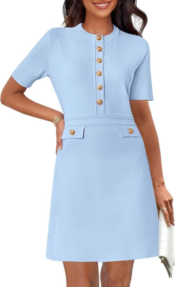 Saonta  Women's Knit Bodycon Sweater Dress Button Short Sleeve Crew Neck Elegant Formal Mini Dress