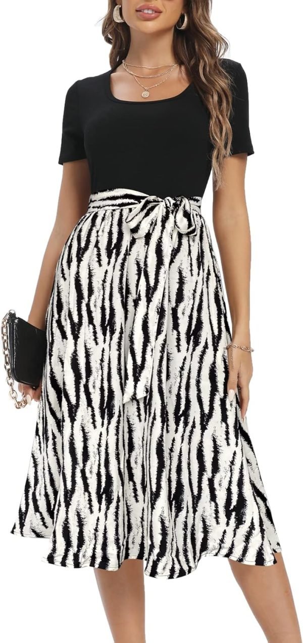 Saonta  Summer Dresses for Women 2024 Short Sleeve Elastic Waist Casual Dresses Ribbed Floral Work Midi Dress with Pockets