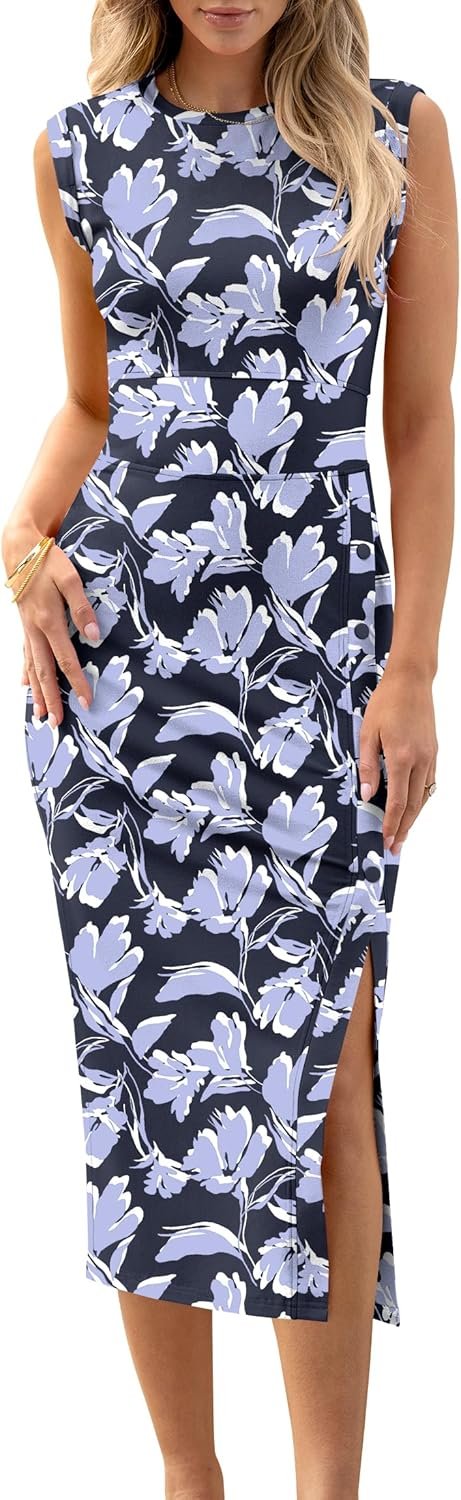 Saonta  Womens Summer Sleeveless Bodycon Midi Dress Button Slit 2024 Fashion Casual Sundress Cocktail Party Dresses