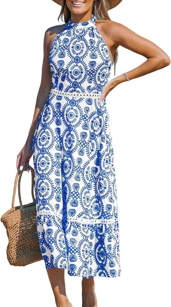 Saonta  Women's Midi Dress Halter Paisley Sleeveless Cutout Waist Long Beach Boho Summer Dress