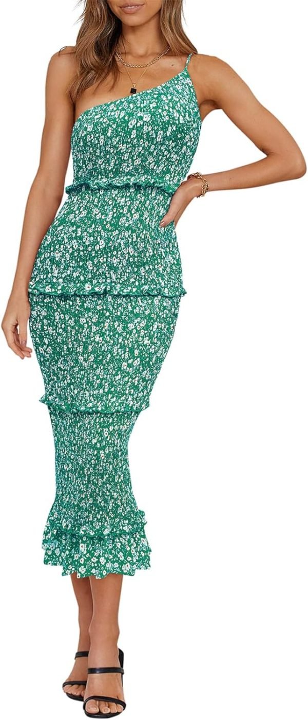 Saonta  Womens Floral Summer One Shoulder Strappy Tiered Ruffle Midi Bodycon Dresses