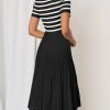 Saonta Women's Casual Striped Midi Dress Crewneck Short Sleeve Button Ribbed Knit Swing Pleated A Line Dresses