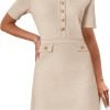 Saonta  Women's Knit Bodycon Sweater Dress Button Short Sleeve Crew Neck Elegant Formal Mini Dress