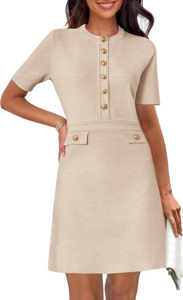 Saonta  Women's Knit Bodycon Sweater Dress Button Short Sleeve Crew Neck Elegant Formal Mini Dress