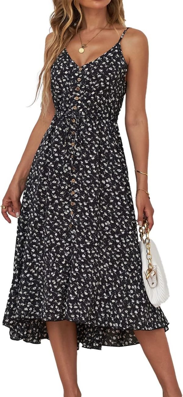 Saonta  Women's 2024 Summer Casual Boho Sundress Polka Dot Spaghetti Strap V Neck Flowy Midi Dresses