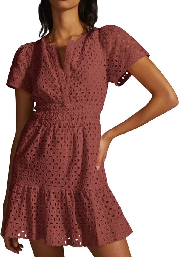 Saonta  Womens 2024 Summer Short Dress V Neck Short Sleeve A Line Hollow Out Lace Ruffle Cute Casual Beach Party Dresses