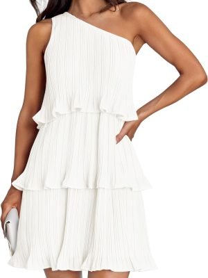 Saonta Women's 2024 Summer Sleeveless Mini Dress Boho One Shoulder Ruffle Tiered Layered Chiffon Flowy A Line Dresses