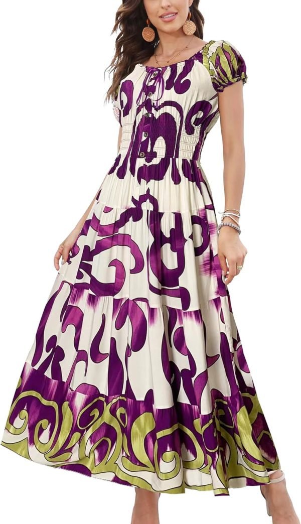 Saonta  Women's 2024 Summer Short Sleeves Boho Floral Print Tiered Casual Flowy Long Maxi Dress