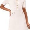 Saonta  Women's Knit Bodycon Sweater Dress Button Short Sleeve Crew Neck Elegant Formal Mini Dress